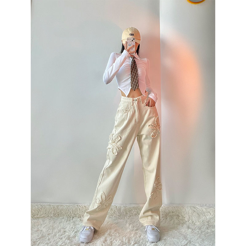 Женские винтажные джинсы со звездами, прямые брюки цвета хаки с широкими штанинами и карманами, повседневные мешковатые джинсы Y2k, 2022