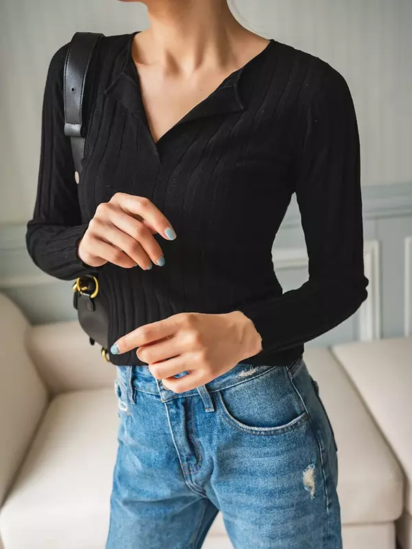 Женский свитер, простой облегающий весенний пуловер с V-образным вырезом и длинным рукавом