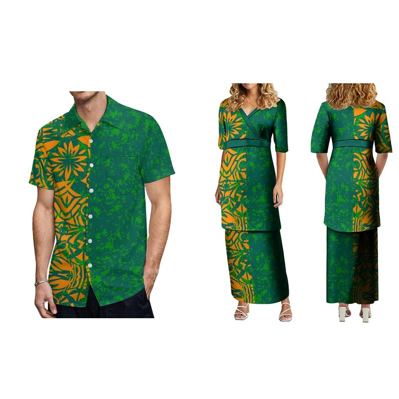 맞춤형 폴리네시아 부족 디자인 사모아 풀레타시 세트, 원피스 V 넥, 반팔, 2 피스 세트 드레스, 도매