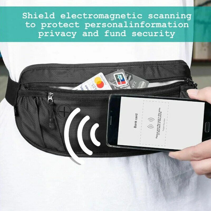 RFID 차단 방수 여행 전화 벨트 허리 가방, 패니 팩, 숨겨진 지갑 신호 RFID 차단 여권 거치대 가방, 15x35cm