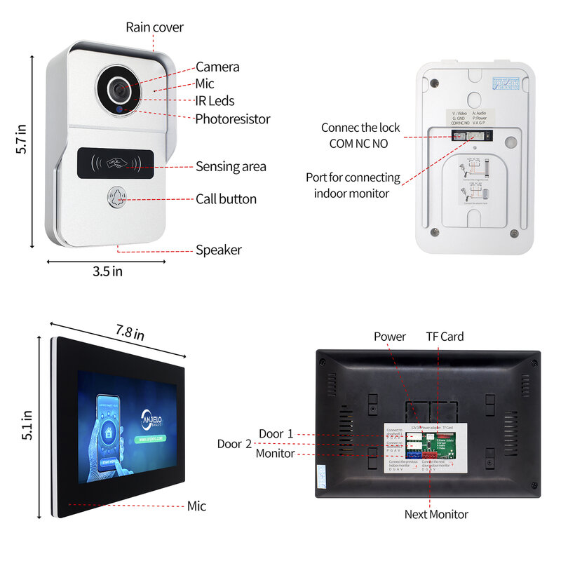 TUYA bel pintu nirkabel layar sentuh, Kit rumah aplikasi pintar untuk sistem kontrol akses RFID 1080P 7/10 inci WiFi