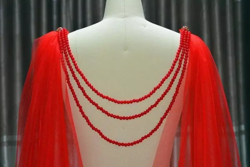 Kristal Wrap Rode Tule Bruiloft Bruids Kunstmatige Kralen Mantel Bruiloft Accessoires Sluier Cape Bruidssluier