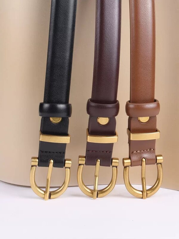Retro thin waist genuine leather Metal pin buckle women belt versatile waist business wear women’s belt luxur