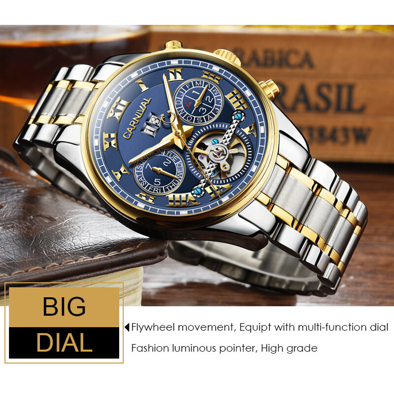 Guarda gli uomini CARNIVAL Brand Luxury Fashion Sports Tourbillon orologi orologio meccanico automatico maschile Relogio Masculino