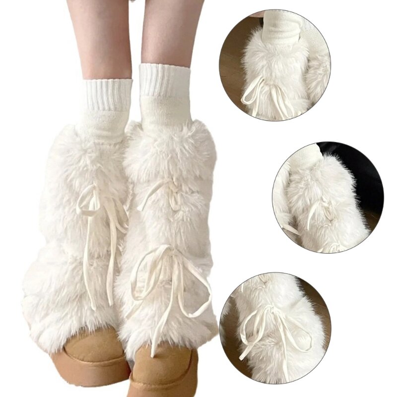 Calcetines calentadores piernas blancos felpa peluda con lazo y cinta bonita para mujer Harajuku