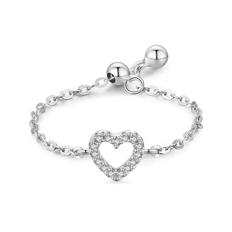 Кольцо из серебра S925 пробы с цепочкой в форме сердца для женщин, европейский и американский кросс-борцовый нишевой дизайн, маленький и универсальный