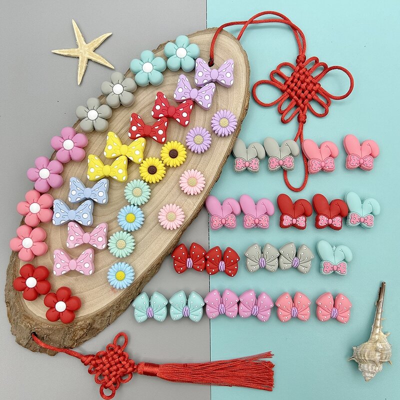 10PC/lot Mixed Bow Flower Silicone Beads Baby DIY Pacifier Chain Necklace Ballpoint Pen Accessories BPA Free Kawaii Toys Gifts