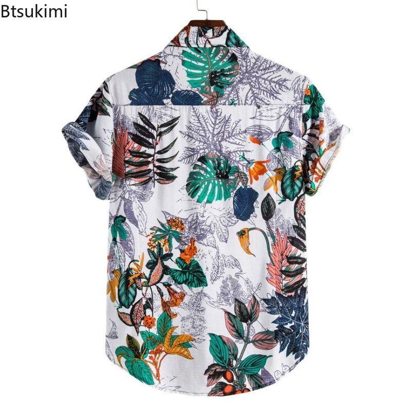 2024 하와이안 스타일 남성용 반팔 꽃무늬 프린트 셔츠, 싱글 브레스트 캐주얼 라펠 셔츠, 남성 스트리트웨어, 여름 패션