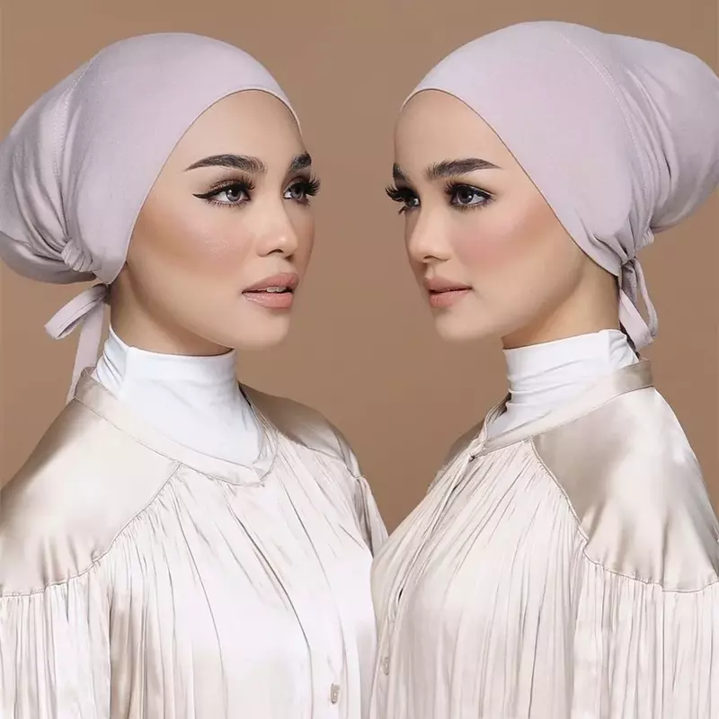 Touca Hijab de Algodão Moda Capa Completa Interior Cor Sólida Turbante Islâmico Osso Boné Desgaste para a Cabeça Lenço Com Corda Cobertura de Cabeça Muçulmana