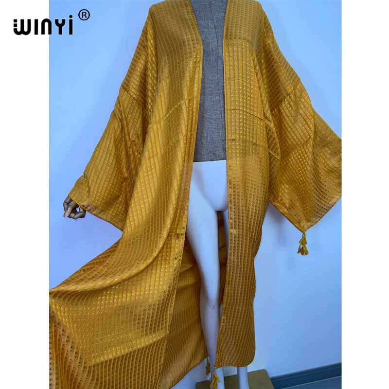 2022 afryka WINYI monochromatyczny nadruk w kratę plażową strój kąpielowy pokrowiec na garnitur płaszcz elegancki damski Boho wakacyjna sukienka Kimono z długim rękawem