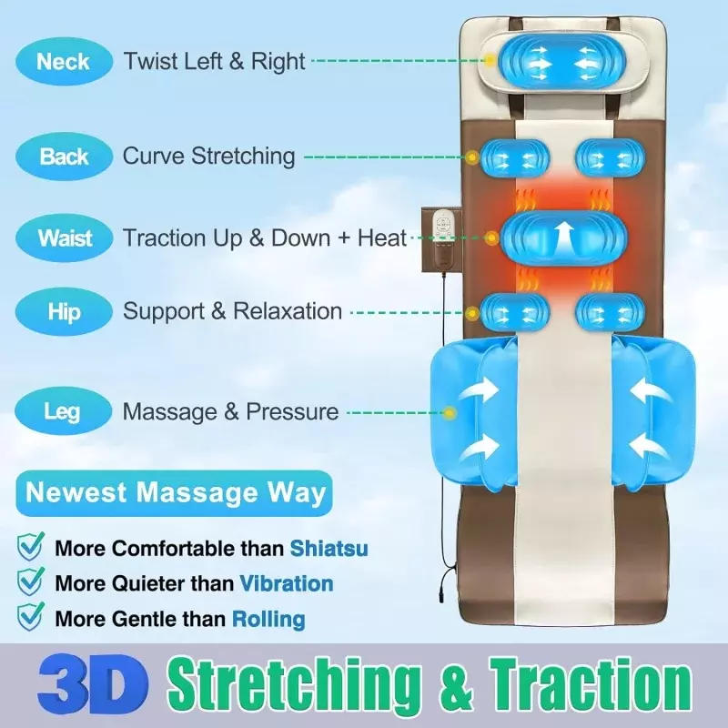Tappetino da massaggio per tutto il corpo con airbag Stretching e riscaldamento, trazione lombare 3D e rilassamento, Pad massaggiatore per la schiena, 4 modalità 3 I
