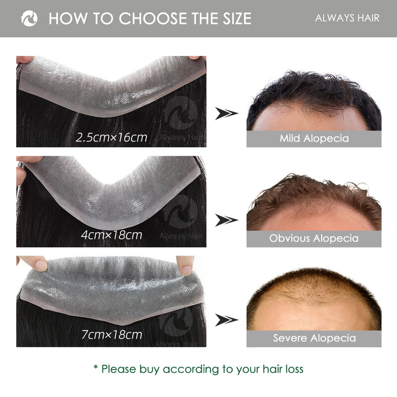 PU testa toupee para homens, cabelo humano, franja frontal, linha fina invisível, pele fina, todo o laço V, linha fina invisível, 2,5x16 cm, 4x18cm, 7x18cm