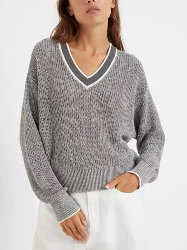 Suéter de punto de lino con lentejuelas para mujer, Jersey holgado informal de manga larga con cuello en V en contraste, novedad de 2024