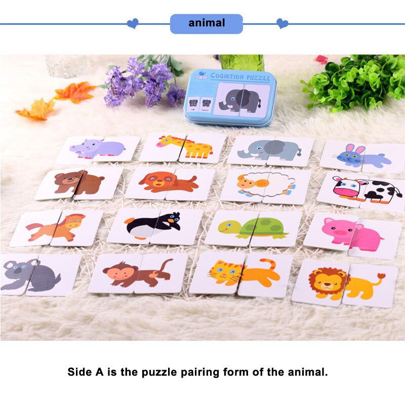 어린이 조기 학습 퍼즐 장난감 동물 과일 그래프 일치인지 카드 아기 몬테소리 교육 완구 유치원