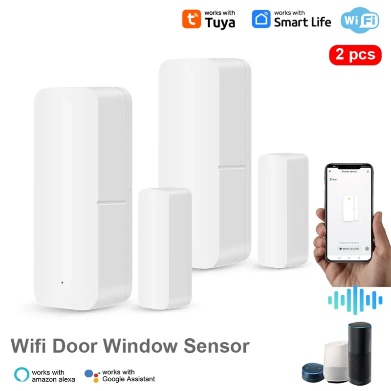 Смарт-датчик двери Tuya Wi-Fi, детекторы открывания/закрытия дверей, с голосовым управлением через приложение, работает с Google Home Alexa, 2 шт.