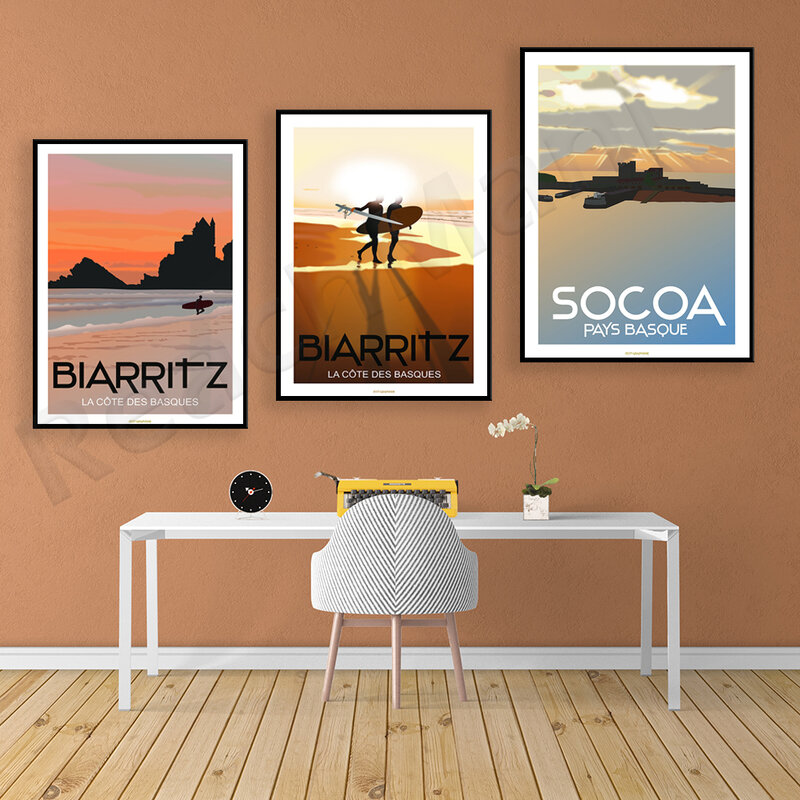 Plakat surfingowy, Fort Sokoya kraj basków, BIARRITZ Surfing-wybrzeże basków Côte des Basques-zachód słońca, plakat prezent dla surferów