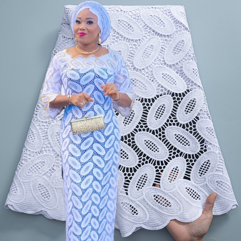 Guipure kain renda Nigeria kabel kain dengan payet Afrika putih urutan kain renda 2024 5 yard untuk gaun pesta menjahit 3036A