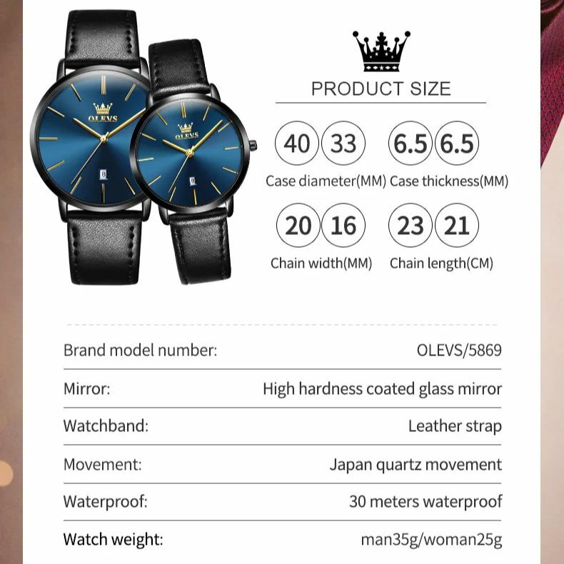 NEW OLEVS Japan zegarek kwarcowy dla pary 6.5mm Ultra cienki analogowy zegarek kwarcowy dla par zestaw skórzany pasek kochanek zegarek