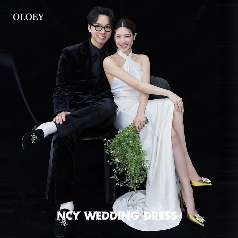 OLOEY-simples suave cetim sereia vestidos de casamento, Photoshoot coreano, sem mangas, até o chão, vestidos nupciais, vestido de festa formal, longo