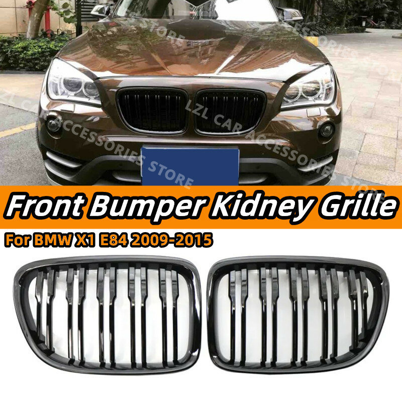 Double Slat Car Front Kidney Grille, Gloss Black, Dual Slat, Auto Grill Acessórios, BMW X1, E84, 2009-2015, Par