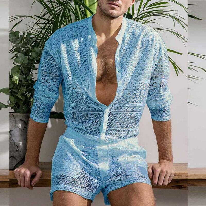 1 Set Popular Homens Outfit Sexy Men Top Shorts Oco Out Ver Através Crochet Camisa Shorts Único Breasted