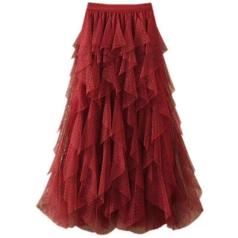 Maxi Tutu Tulle Skirt Women 2024 Summer Fashionable Irregular Tiered Mesh High Waist Pleated Long Skirt Female Casual Skirt Q874