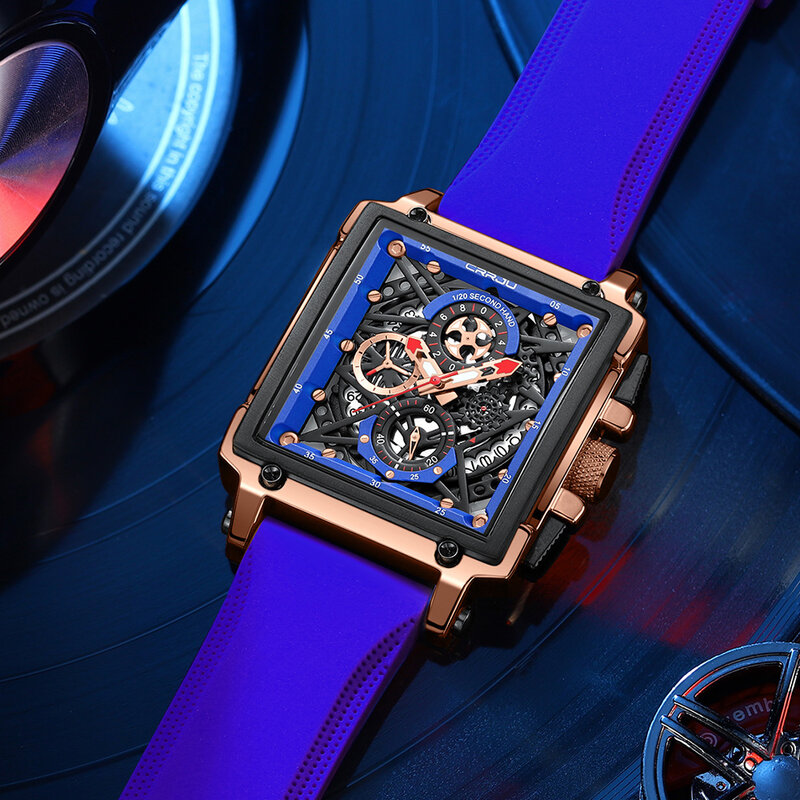 CRRJU 남성용 스포츠 크로노그래프 손목 시계, 육군 실리콘 스트랩, 스퀘어 쿼츠 스톱 시계