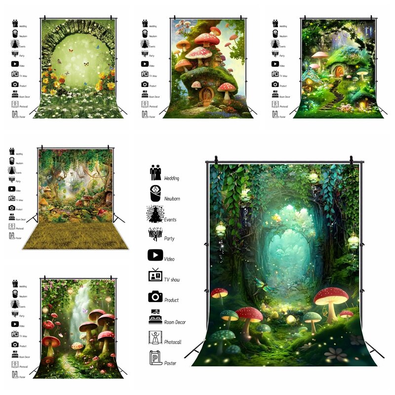 Fondale della foresta incantata per la fotografia verde fungo paese delle meraviglie sfondo Baby Shower festa di compleanno Banner Studio fotografico