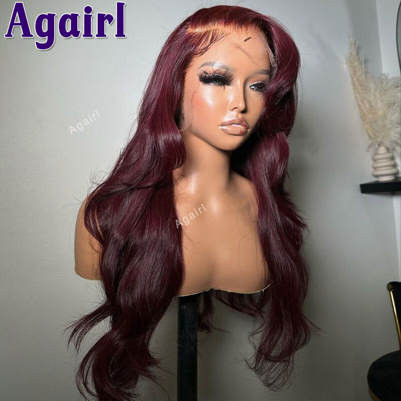 Peluca de cabello humano ondulado para mujer, postizo de encaje Frontal 13x6, color burdeos oscuro, sin pegamento, 6x4, predesplumada