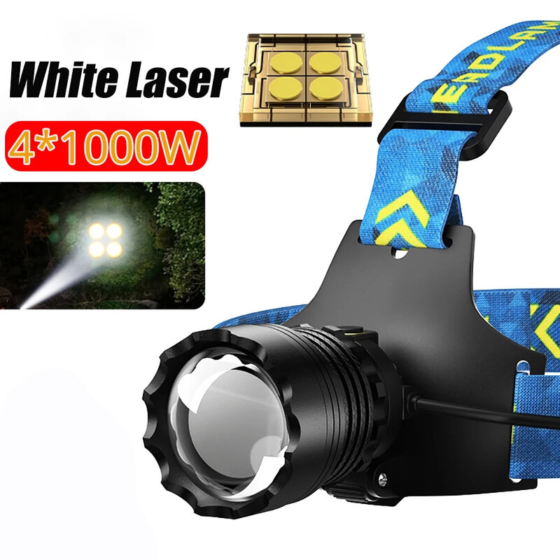 Lampu kepala lentera memancing, 9900000000lm 4*1000W tembakan panjang kekuatan XHP360 Zoom XHP50 lampu depan TYPE-C dapat diisi ulang