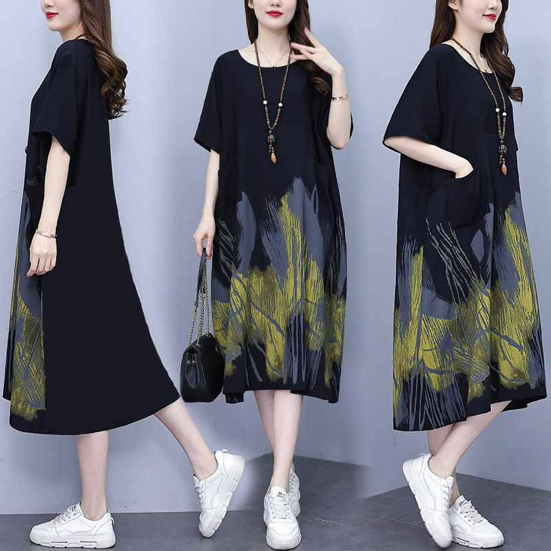Damen Sommer koreanische Einfachheit drucken lose O-Ausschnitt Kurzarm Midi Kleid Frauen Kleidung lässig Patchwork große Kleider