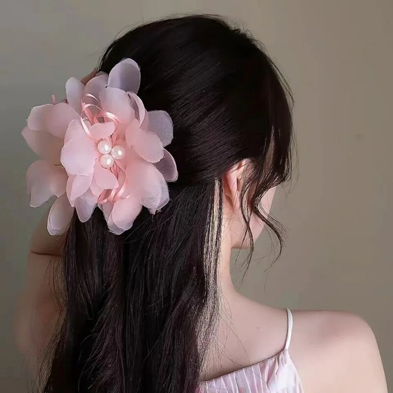 Spring Summer New Big Colorful Flower Hair Clip With Pearl  For Women Princess Headdress Shark Hairpin Girls Hair Accessories