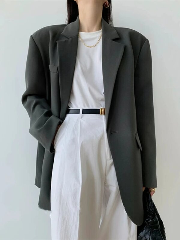 UNXX-Blazer cinza de manga comprida, senhora do escritório, terno monocromático, jaquetas de trabalho, roupas femininas, primavera, outono, 2022