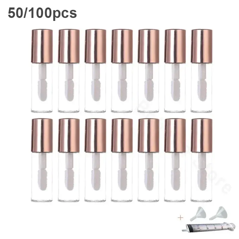 Tubos vacíos de plástico transparente para brillo de labios, tubo de bálsamo labial, Mini contenedor de cosméticos de muestra, oro rosa, 50/100 piezas, 2ML