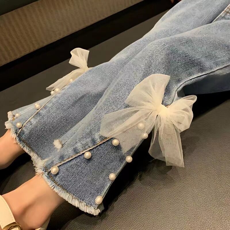 Spring Autumn New Children's Elastic Slit Flared Pants Baby Girls' Casual Bow Jeans Children Outer Wear Fashion Trousers 2024