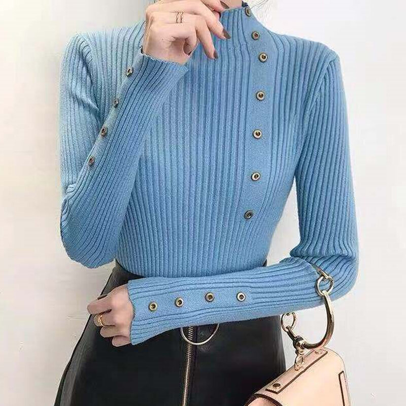 2023 Knitted Pullover Women Turtleneck Sweater Autumn Fashion Buttons Women Solid Soft Warm Jumper Elegant Knitwears Tops 29160