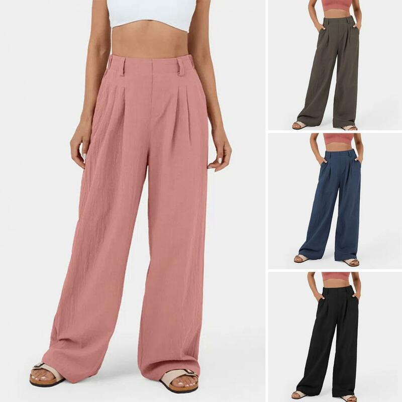 Pantalon taille élastique pour femme, taille haute, jambe large, document solide, ceinture élastique, longueur de rinçage, streetwear