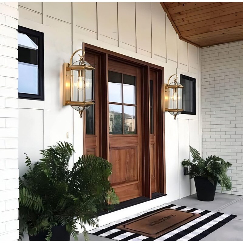 透明なガラスランタン付きの屋外壁取り付け用燭台、真ちゅう製のポーチライト、防水ランプ、オイルラビング、ウォールマウント、20 "h