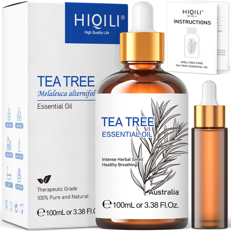 HIQILI-Aceites Esenciales de árbol de té para difusor, aceites aromáticos para aromaterapia, masaje, fabricación de velas, jabón, cuidado del cabello, 100ML