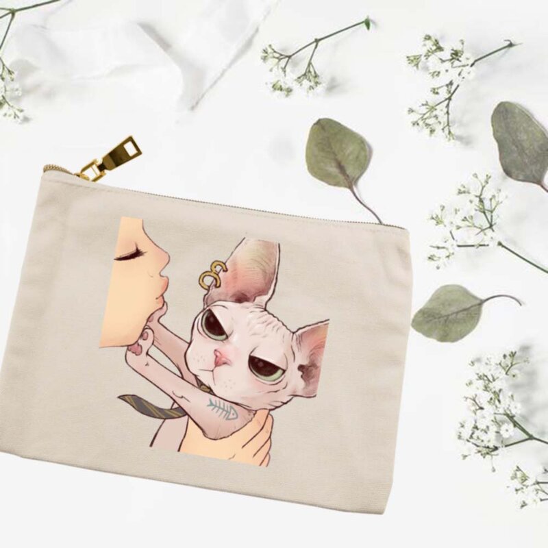 Kiss Cute Cat Print Women Cosmetic Bags Canvas Makeup Bag Pouch Travel Toiletry Organizer Bag Large Capacity Hen Party Gift