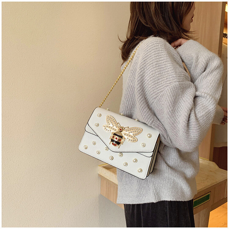 2024 Square Women shoulder bag Bee Purse Fashion Crossbody Bags with Pearl for Women Pu Leather Shoulder Clutch Handbags