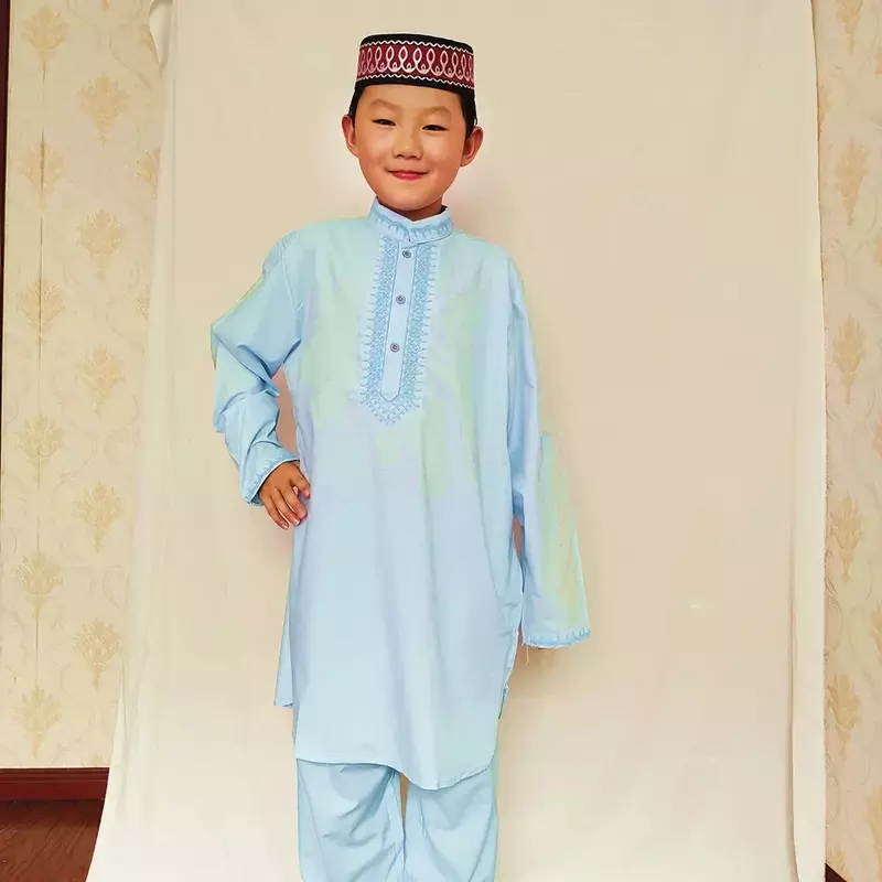 Caftan marroquino de duas peças para crianças, conjuntos muçulmanos sauditas, bordado de menino paquistanês, Ramadã jalabiyat, abaya árabe, 3 cores, 2024