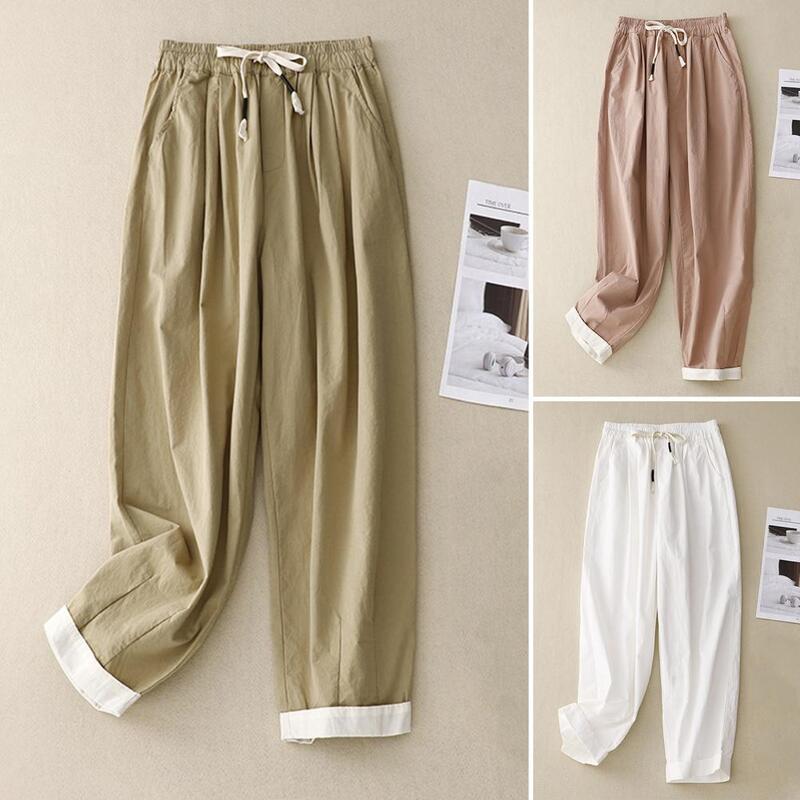 Pantalones informales Retro para mujer, pantalón elegante de pierna ancha de cintura alta con bolsillos con cordón, pantalón informal Retro para verano
