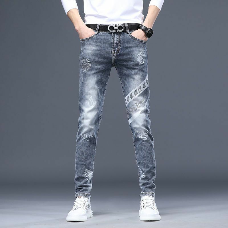 Calça jeans casual masculina com bordados e strass, calça lápis fina, moda luxo, primavera, outono