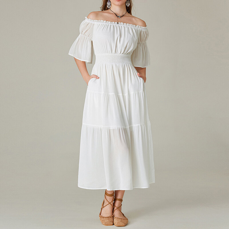 SD Women Renaissance Off Shoulder Dress 1/2 Sleeve Elastic Waist Midi Dress