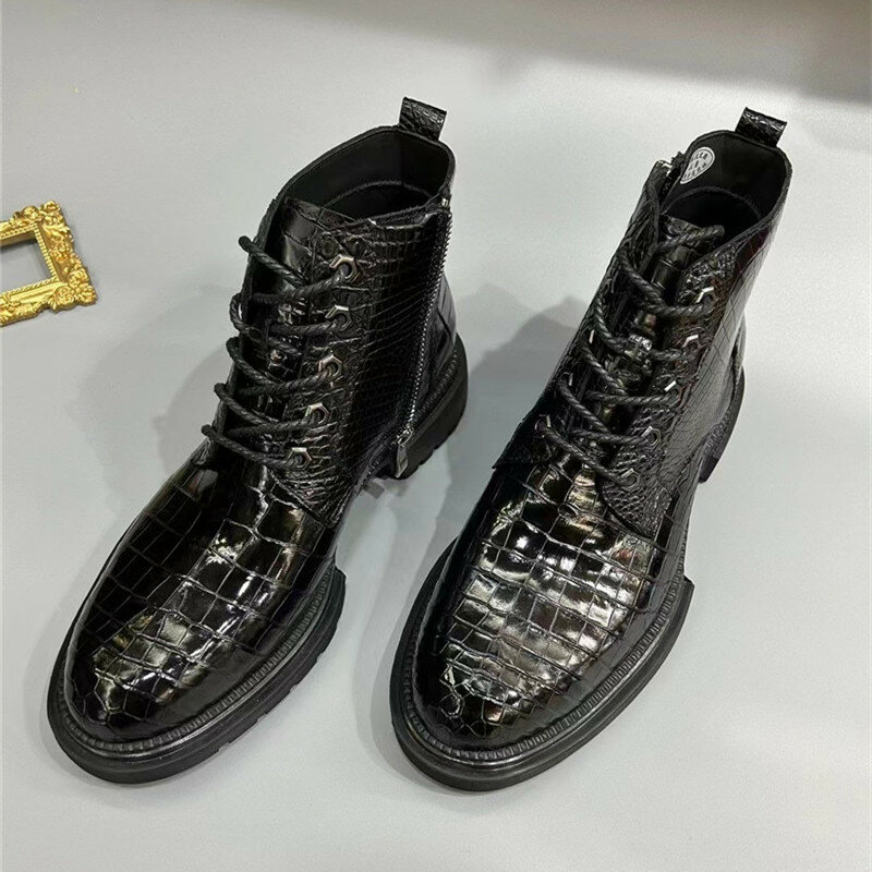 Botas autênticas de couro de jacaré para homens, botas casuais com zip, pele exótica genuína de crocodilo preto e marrom, sapatos masculinos