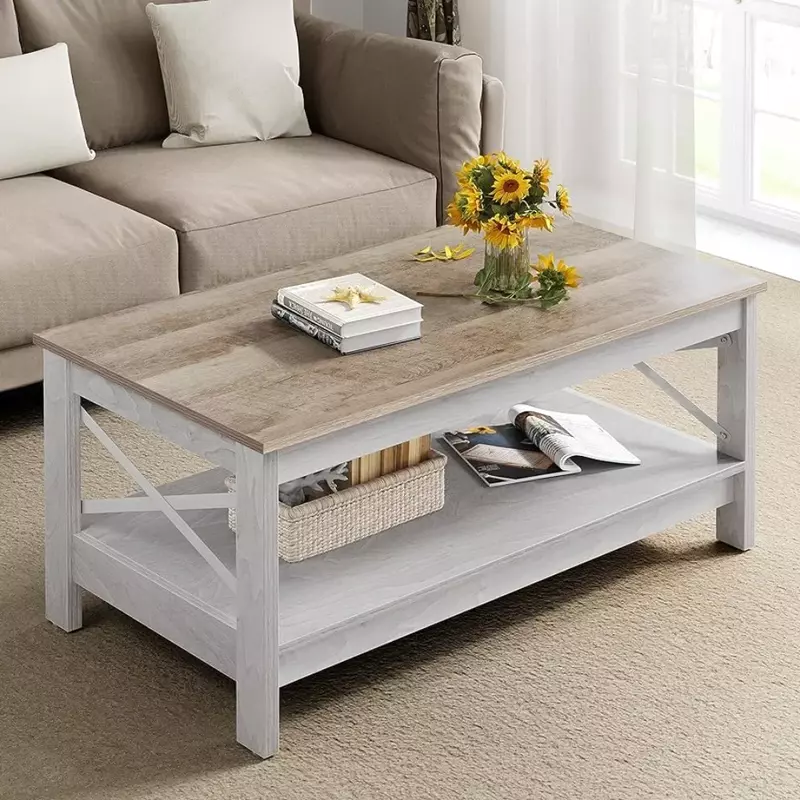 Living room coffee table, double table center with solid frame, grey washed, modern farmhouse coffee table with pantry