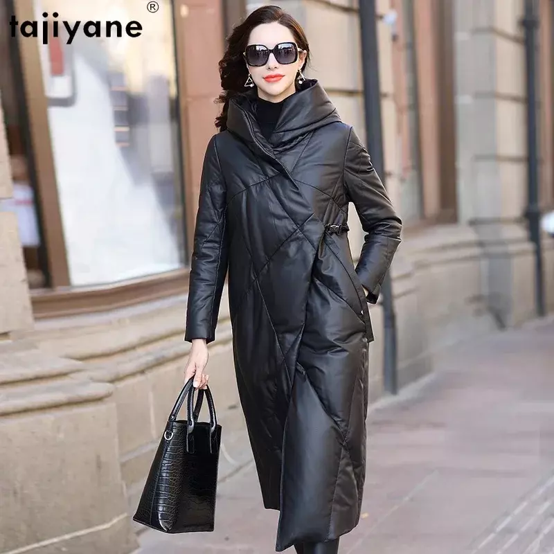 Tajiyane-女性用本革ジャケット、本物のシープスキンウィンタージャケット、高級ロングダウンコート、2023