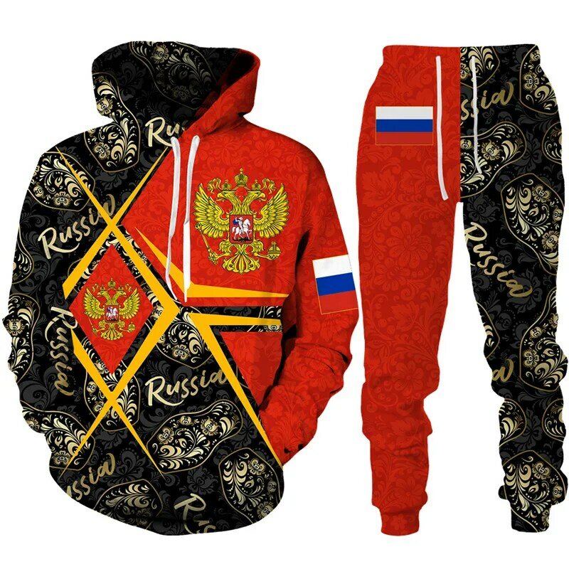 Спортивный костюм с принтом российского флага для мужчин и женщин, повседневный комплект из 2 предметов, толстовка с капюшоном и штаны большого размера с российским гербом, уличная мода