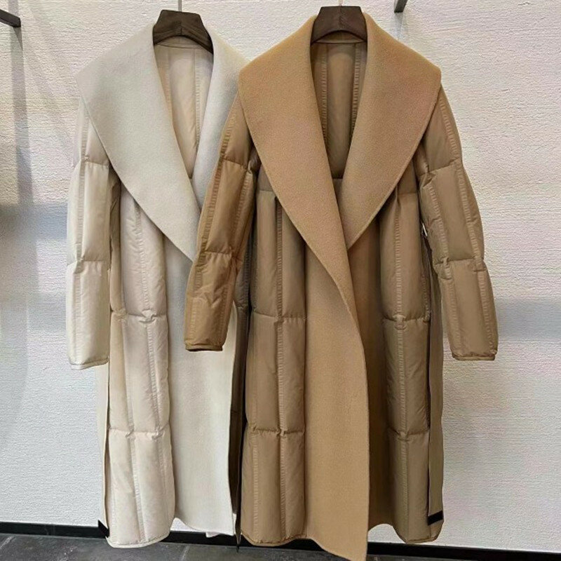 2022 Новый стиль Женская мода австралийская шерсть двухстороннее сплайсинговое Белое Гусиное пуховое пальто